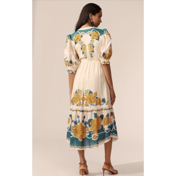 Farm Rio Anthropologie Midi Dress Ivory Puff Sleeve Preppy Retro Boho Small NWT - Picture 7 of 15
